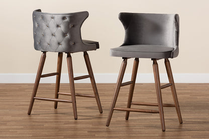Baxton Studio - Sagira Counter Stool Set of 2 - RDC817-AC-Grey Velvet/Walnut-CS-2PC Set view 7