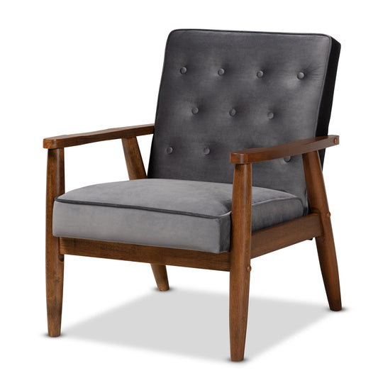 Baxton Studio - Sorrento Chair in Grey/Brown - BBT8013-Grey Velvet/Walnut-CC view 1