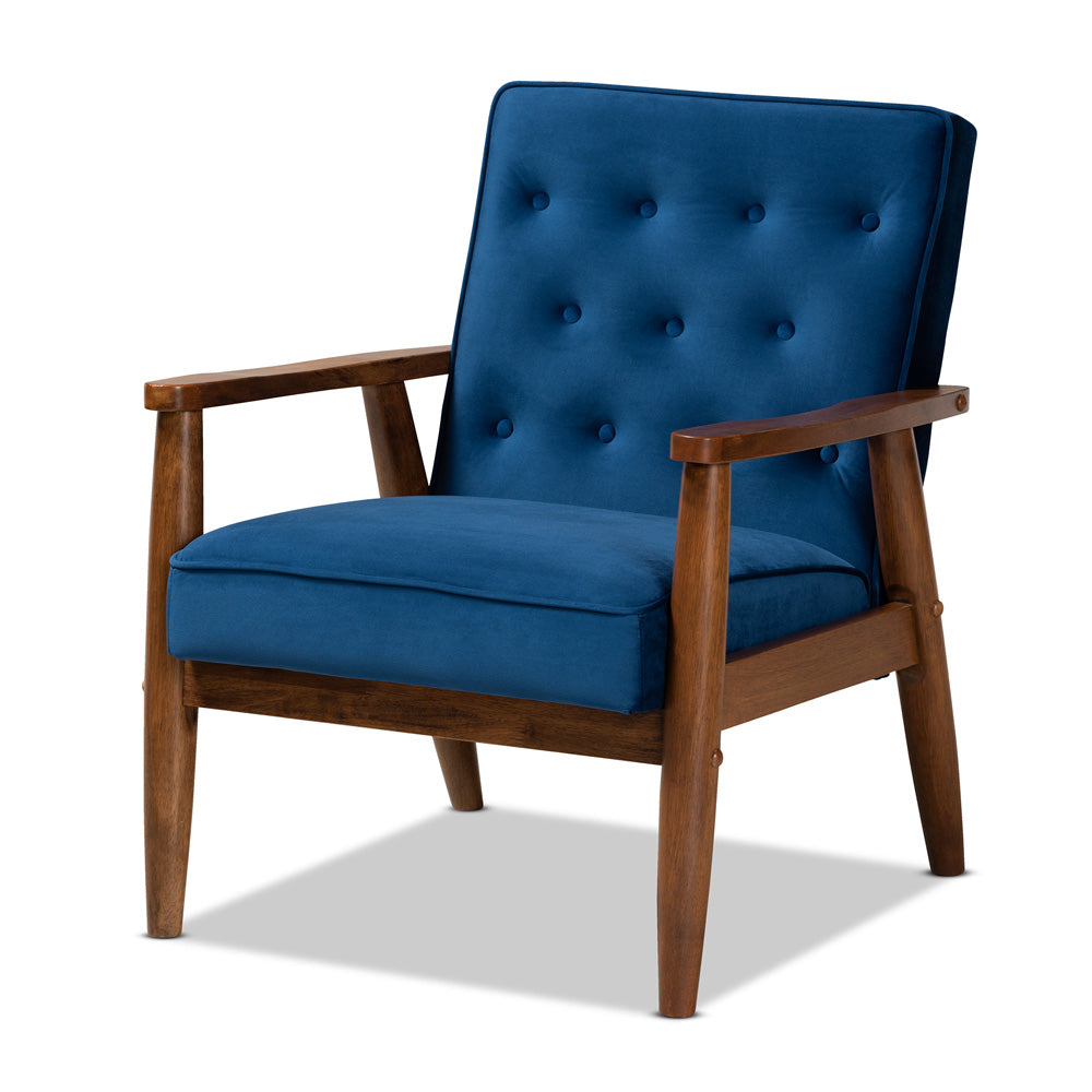 Baxton Studio - Sorrento Chair in Navy Blue/Brown - BBT8013-Navy Velvet/Walnut-CC view 1