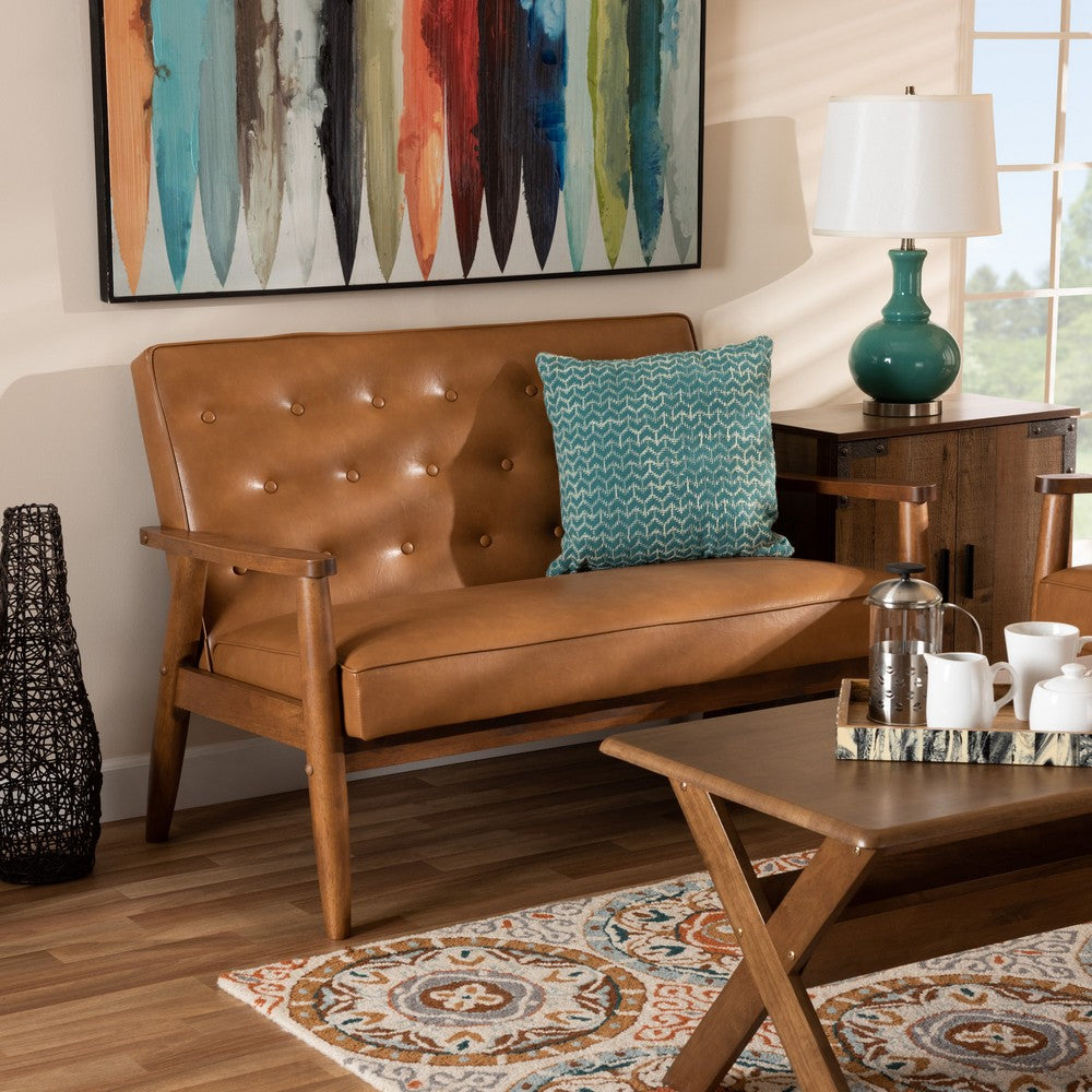 Baxton Studio - Sorrento Loveseat in Tan/walnut brown - BBT8013-Tan Loveseat view 7