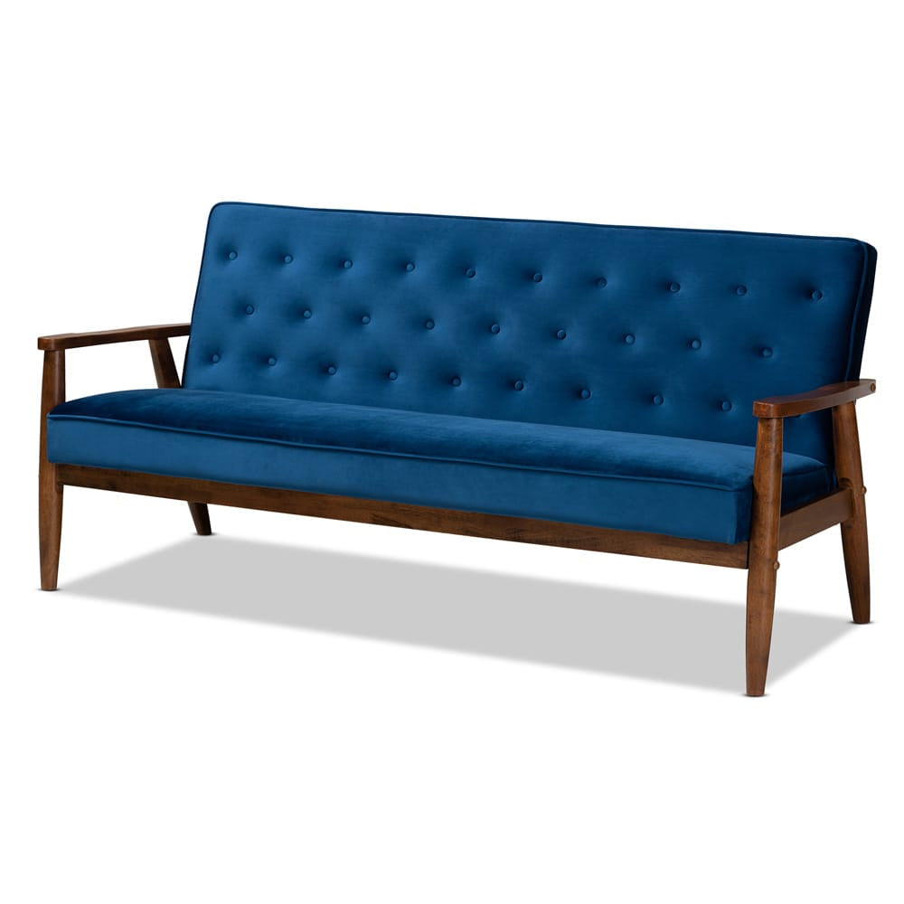 Baxton Studio - Sorrento Sofa in Navy Blue/Brown - BBT8013-Navy Velvet/Walnut-SF view 1