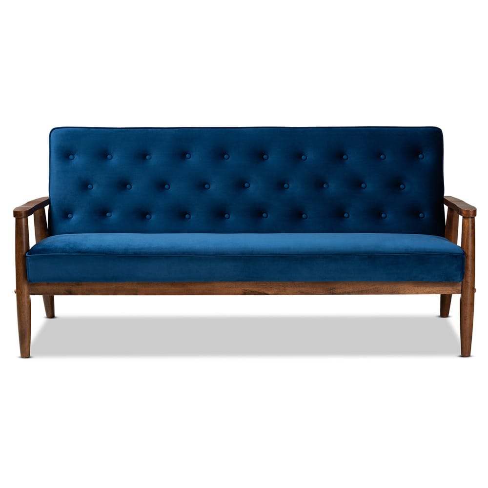 Baxton Studio - Sorrento Sofa in Navy Blue/Brown - BBT8013-Navy Velvet/Walnut-SF view 2