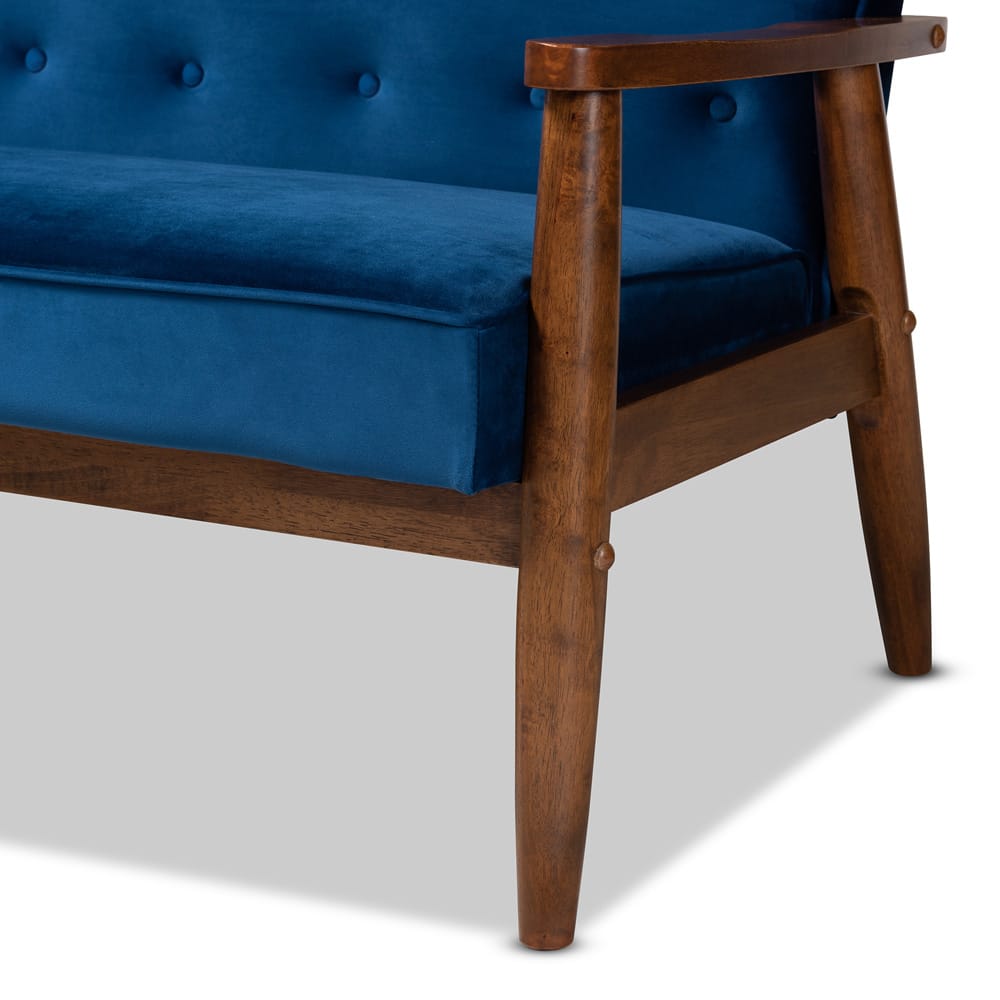 Baxton Studio - Sorrento Sofa in Navy Blue/Brown - BBT8013-Navy Velvet/Walnut-SF view 6