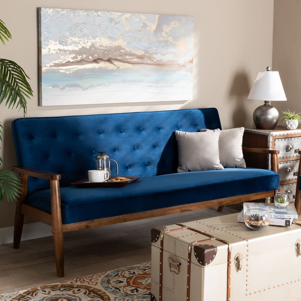 Baxton Studio - Sorrento Sofa in Navy Blue/Brown - BBT8013-Navy Velvet/Walnut-SF view 7