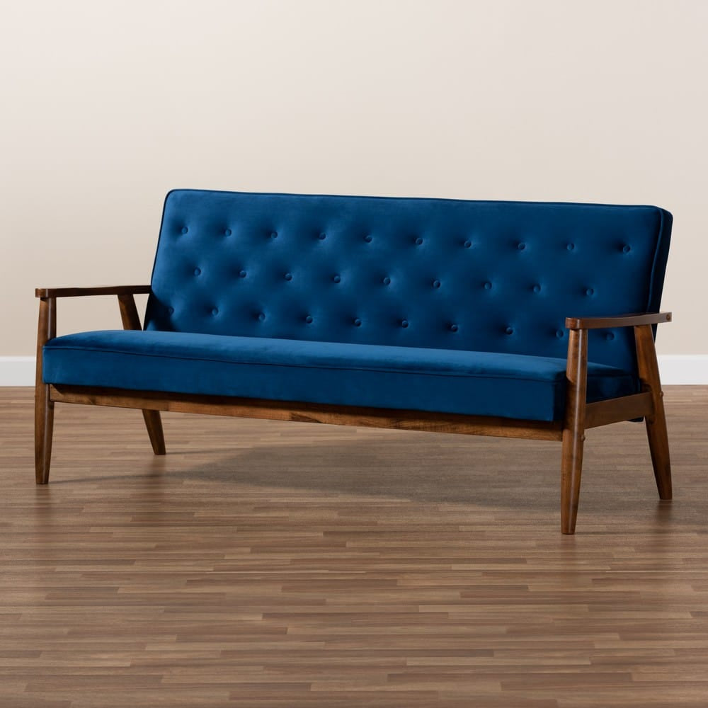 Baxton Studio - Sorrento Sofa in Navy Blue/Brown - BBT8013-Navy Velvet/Walnut-SF view 8