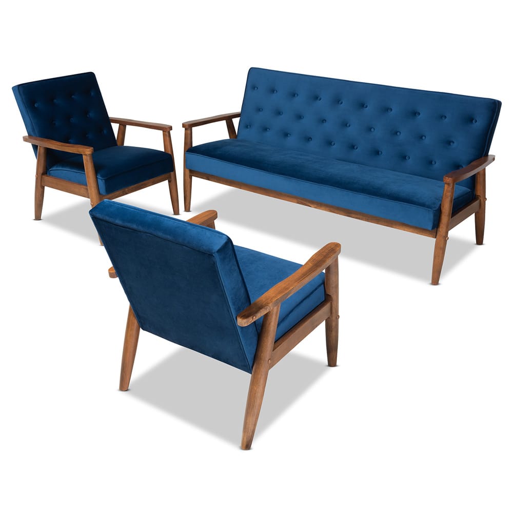 Baxton Studio - Sorrento Sofa Set in Navy Blue/Brown - BBT8013-Navy Velvet/Walnut-3PC Set view 1