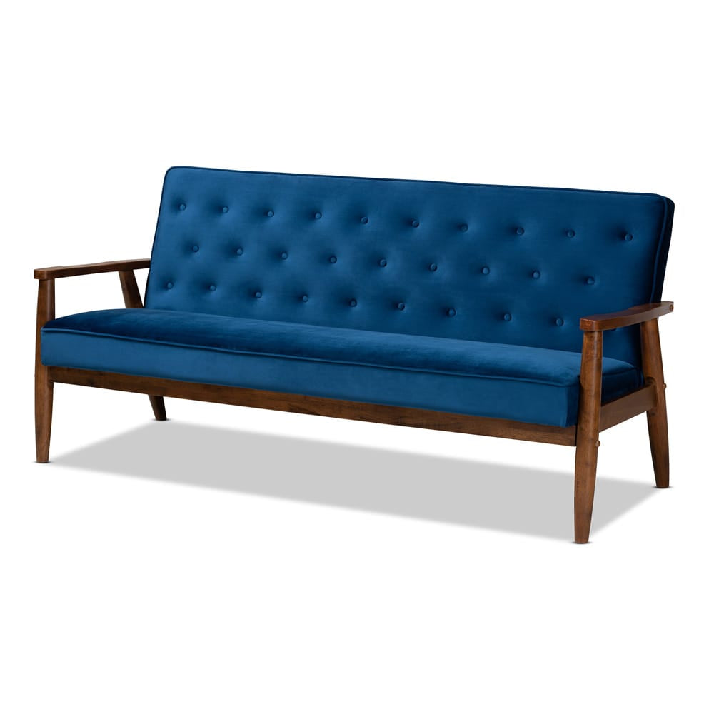 Baxton Studio - Sorrento Sofa Set in Navy Blue/Brown - BBT8013-Navy Velvet/Walnut-3PC Set view 3