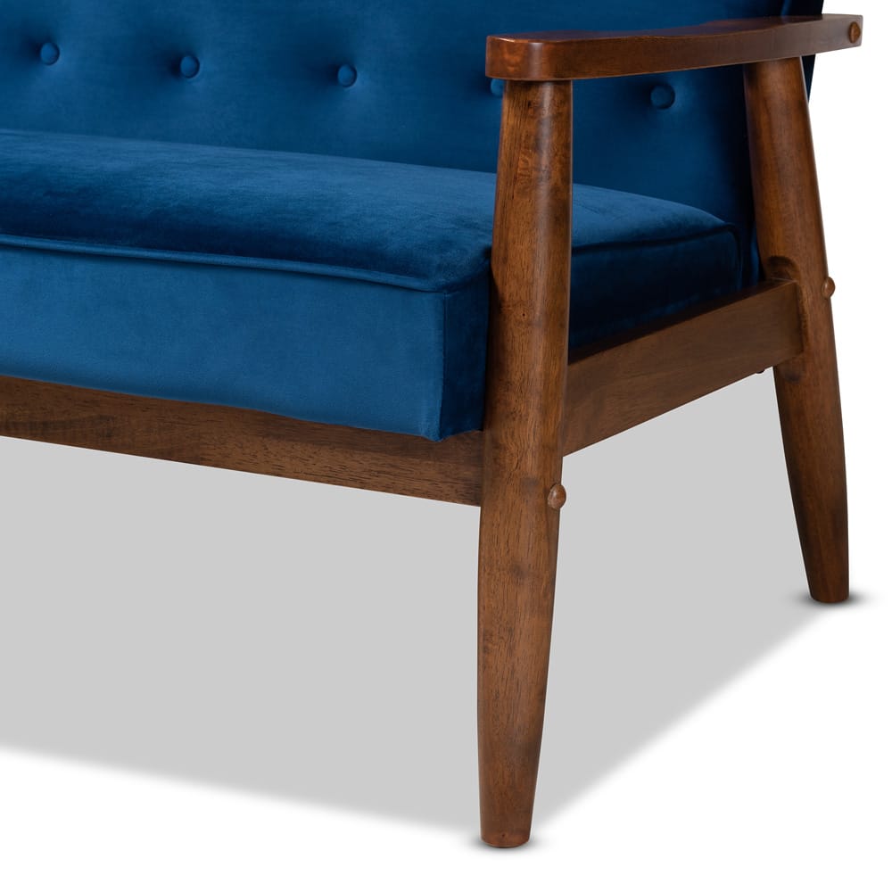 Baxton Studio - Sorrento Sofa Set in Navy Blue/Brown - BBT8013-Navy Velvet/Walnut-3PC Set view 5
