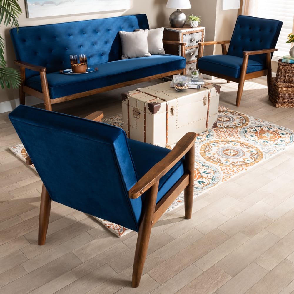 Baxton Studio - Sorrento Sofa Set in Navy Blue/Brown - BBT8013-Navy Velvet/Walnut-3PC Set view 6