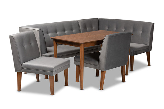 Baxton Studio - Stewart Dining Bench - BBT8062-Grey Velvet/Walnut-5PC Dining Nook Set view 1