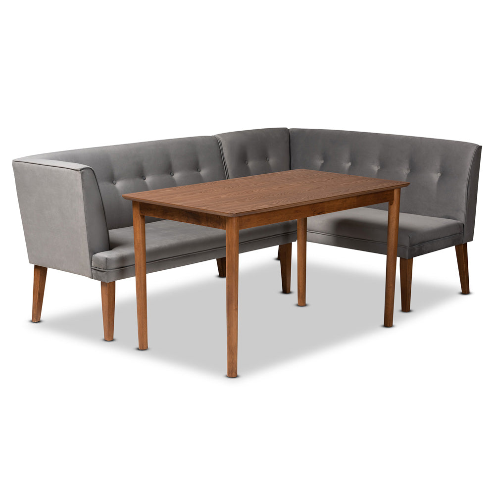 Baxton Studio - Stewart Dining Set in Grey/Walnut Brown - BBT8062-Grey Velvet/Walnut-3PC Dining Nook Set view 1