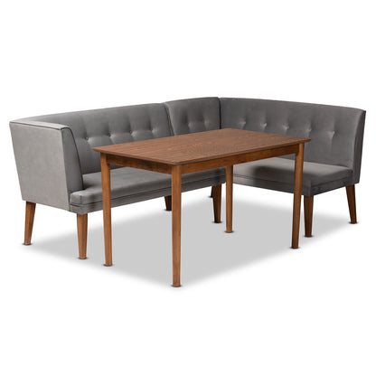 Baxton Studio - Stewart Dining Set in Grey/Walnut Brown - BBT8062-Grey Velvet/Walnut-3PC Dining Nook Set view 1