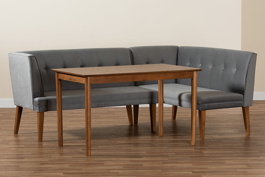 Baxton Studio - Stewart Dining Set in Grey/Walnut Brown - BBT8062-Grey Velvet/Walnut-3PC Dining Nook Set view 10