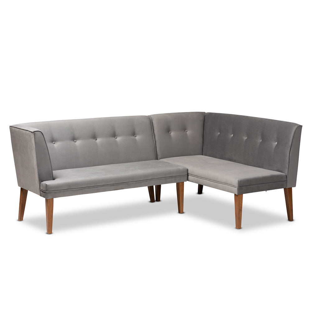 Baxton Studio - Stewart Set of 2 Corner Benches in Grey/Walnut Brown - BBT8062-Grey Velvet/Walnut-2PC SF Bench view 1