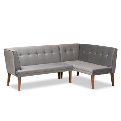 Baxton Studio - Stewart Set of 2 Corner Benches in Grey/Walnut Brown - BBT8062-Grey Velvet/Walnut-2PC SF Bench view 1