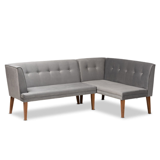 Baxton Studio - Stewart Set of 2 Corner Benches in Grey/Walnut Brown - BBT8062-Grey Velvet/Walnut-2PC SF Bench view 1