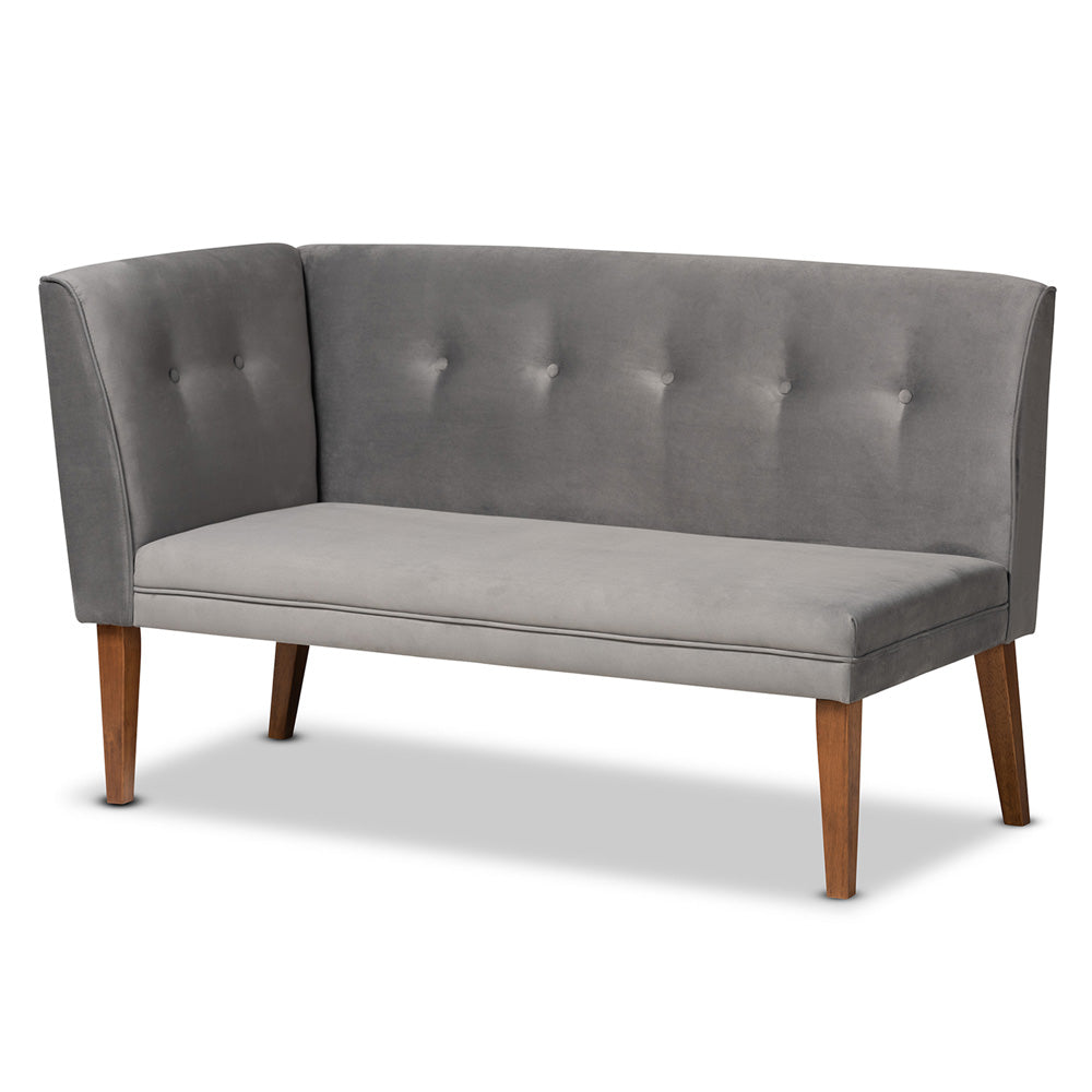 Baxton Studio - Stewart Set of 2 Corner Benches in Grey/Walnut Brown - BBT8062-Grey Velvet/Walnut-2PC SF Bench view 3