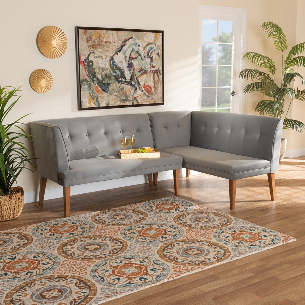 Baxton Studio - Stewart Set of 2 Corner Benches in Grey/Walnut Brown - BBT8062-Grey Velvet/Walnut-2PC SF Bench view 7