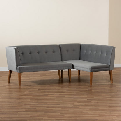 Baxton Studio - Stewart Set of 2 Corner Benches in Grey/Walnut Brown - BBT8062-Grey Velvet/Walnut-2PC SF Bench view 8