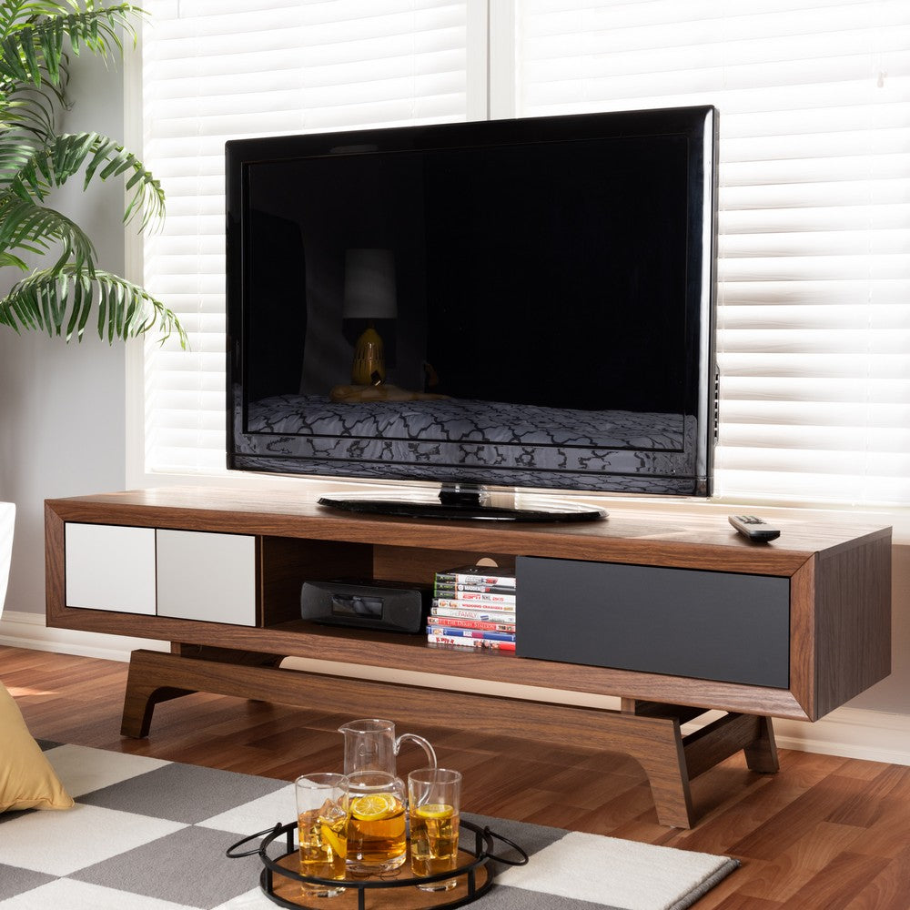 Baxton Studio - Svante TV Stand in Walnut/White/Gray - WI1701-Walnut/White/Grey-TV view 7