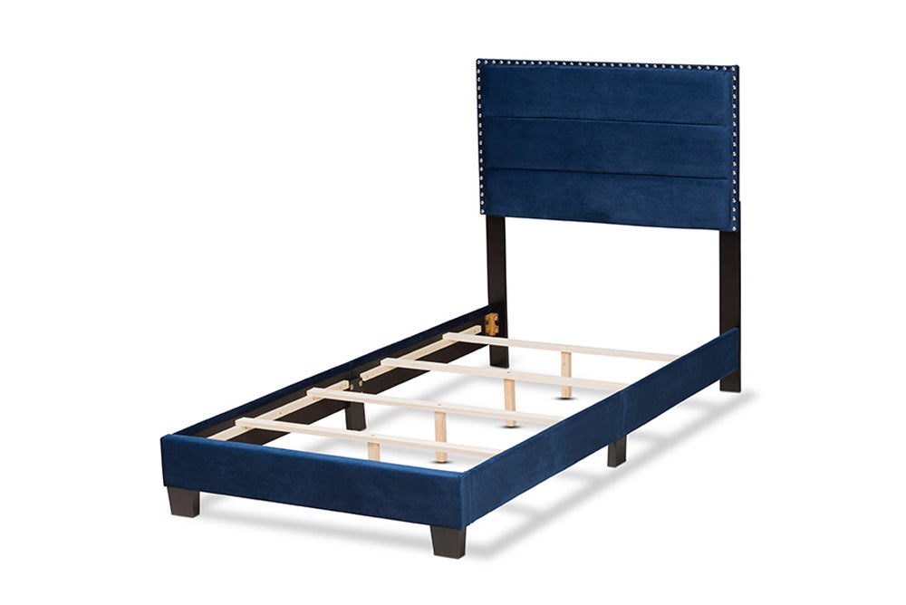 Baxton Studio - Tamira Twin Size Bed - CF9210E-Navy Blue Velvet-Twin view 3