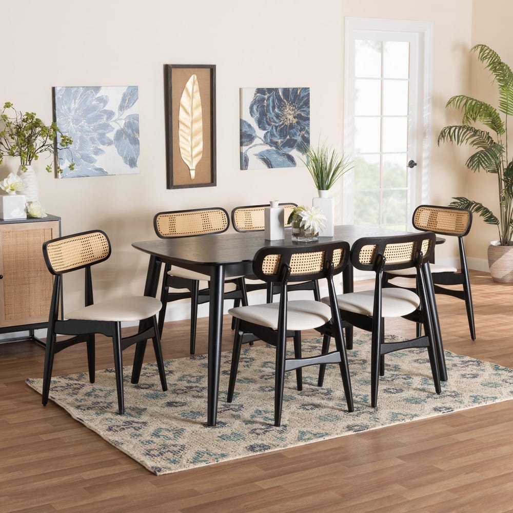 Baxton Studio - Tarana Dining Set in Cream/Black/Light Brown - CS002C-Black/Cream-7PC Dining Set view 8