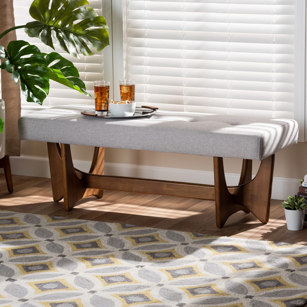 Baxton Studio - Theo Bench in Greyish Beige/Walnut - BBT5368-Greyish Beige/Walnut-Bench view 6
