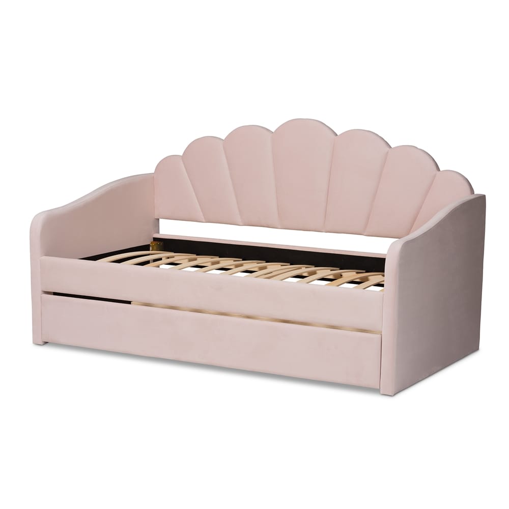 Baxton Studio - Timila Full Size Daybed with Trundle in Light Pink - BBT61047T-Light Pink Velvet-Daybed-F/T view 4