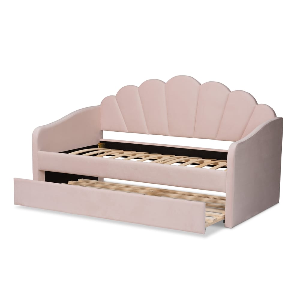 Baxton Studio - Timila Full Size Daybed with Trundle in Light Pink - BBT61047T-Light Pink Velvet-Daybed-F/T view 5