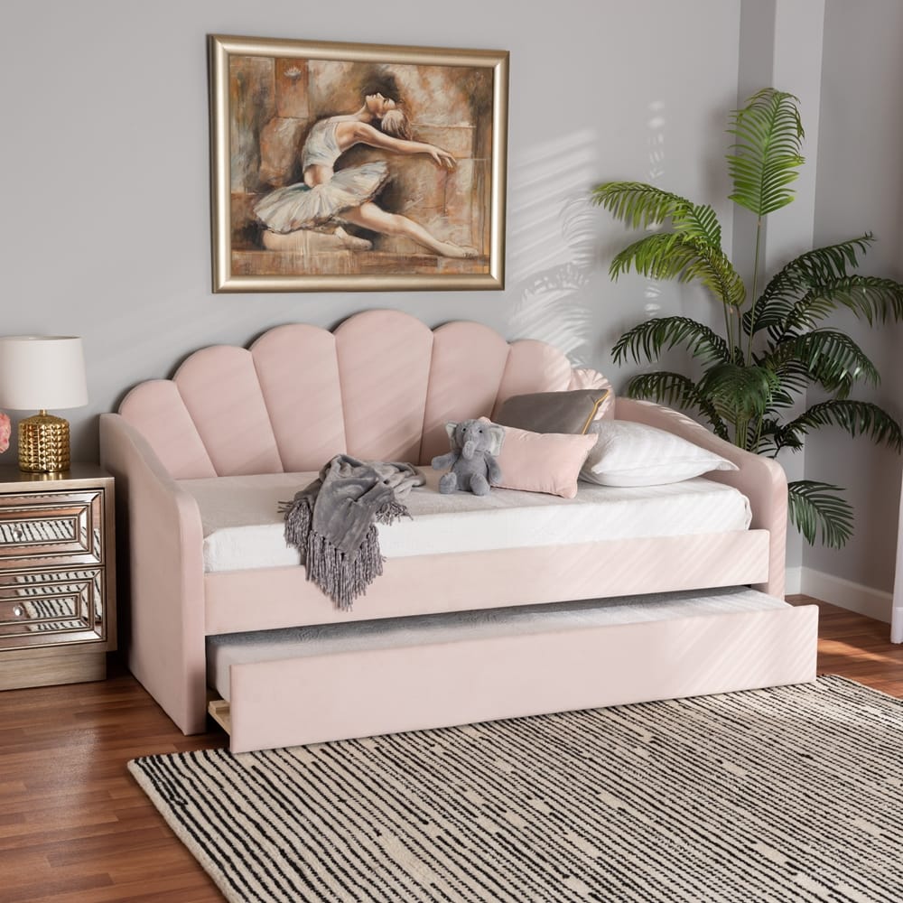 Baxton Studio - Timila Full Size Daybed with Trundle in Light Pink - BBT61047T-Light Pink Velvet-Daybed-F/T view 10