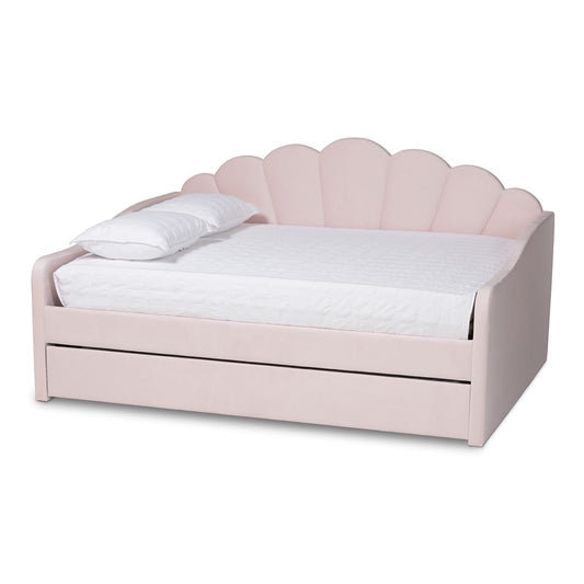 Baxton Studio - Timila Queen Size Daybed with Trundle in Light Pink - BBT61047T-Light Pink Velvet-Daybed-Q/T view 1