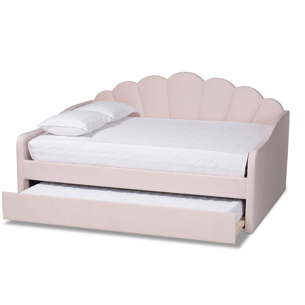 Baxton Studio - Timila Queen Size Daybed with Trundle in Light Pink - BBT61047T-Light Pink Velvet-Daybed-Q/T view 2