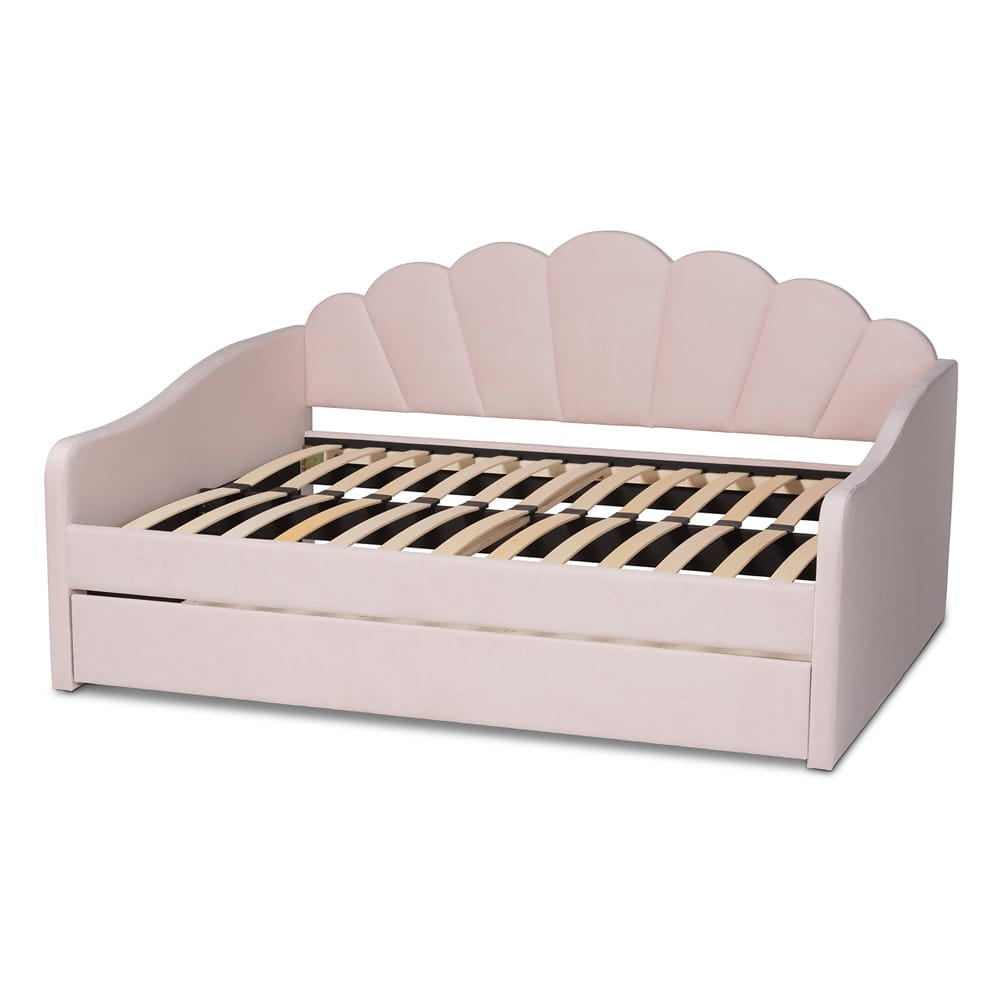 Baxton Studio - Timila Queen Size Daybed with Trundle in Light Pink - BBT61047T-Light Pink Velvet-Daybed-Q/T view 5