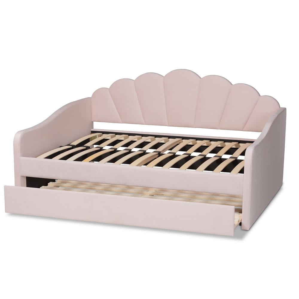 Baxton Studio - Timila Queen Size Daybed with Trundle in Light Pink - BBT61047T-Light Pink Velvet-Daybed-Q/T view 6