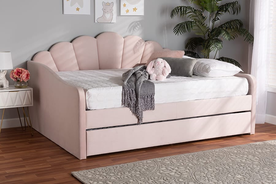 Baxton Studio - Timila Queen Size Daybed with Trundle in Light Pink - BBT61047T-Light Pink Velvet-Daybed-Q/T view 10