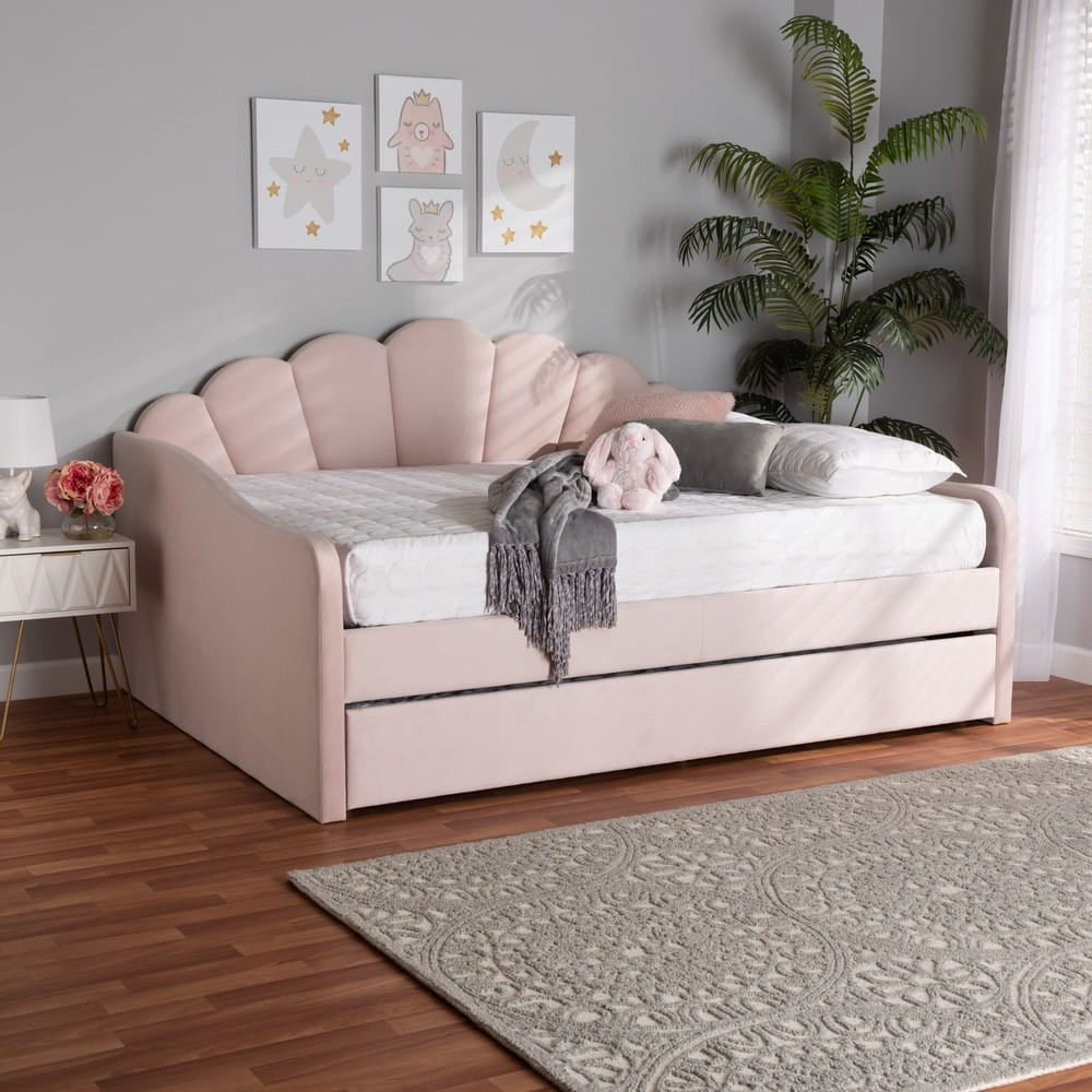 Baxton Studio - Timila Queen Size Daybed with Trundle in Light Pink - BBT61047T-Light Pink Velvet-Daybed-Q/T view 11