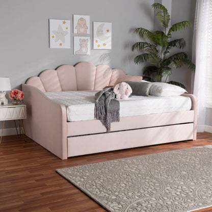 Baxton Studio - Timila Queen Size Daybed with Trundle in Light Pink - BBT61047T-Light Pink Velvet-Daybed-Q/T view 11