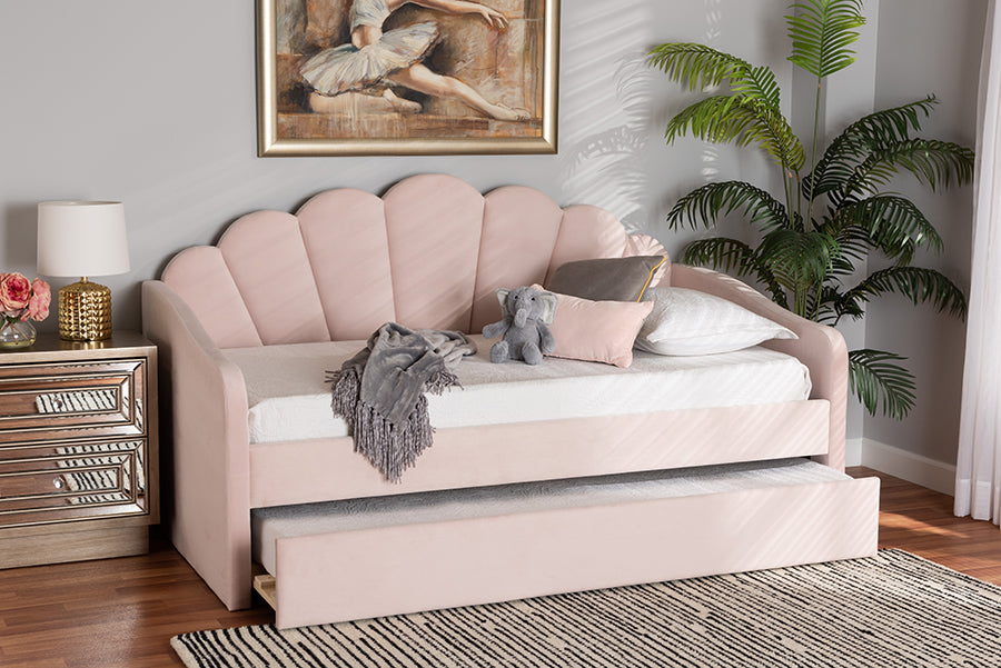 Baxton Studio - Timila Twin Size Daybed with Trundle in Light Pink - BBT61047T-Light Pink Velvet-Daybed-T/T view 10