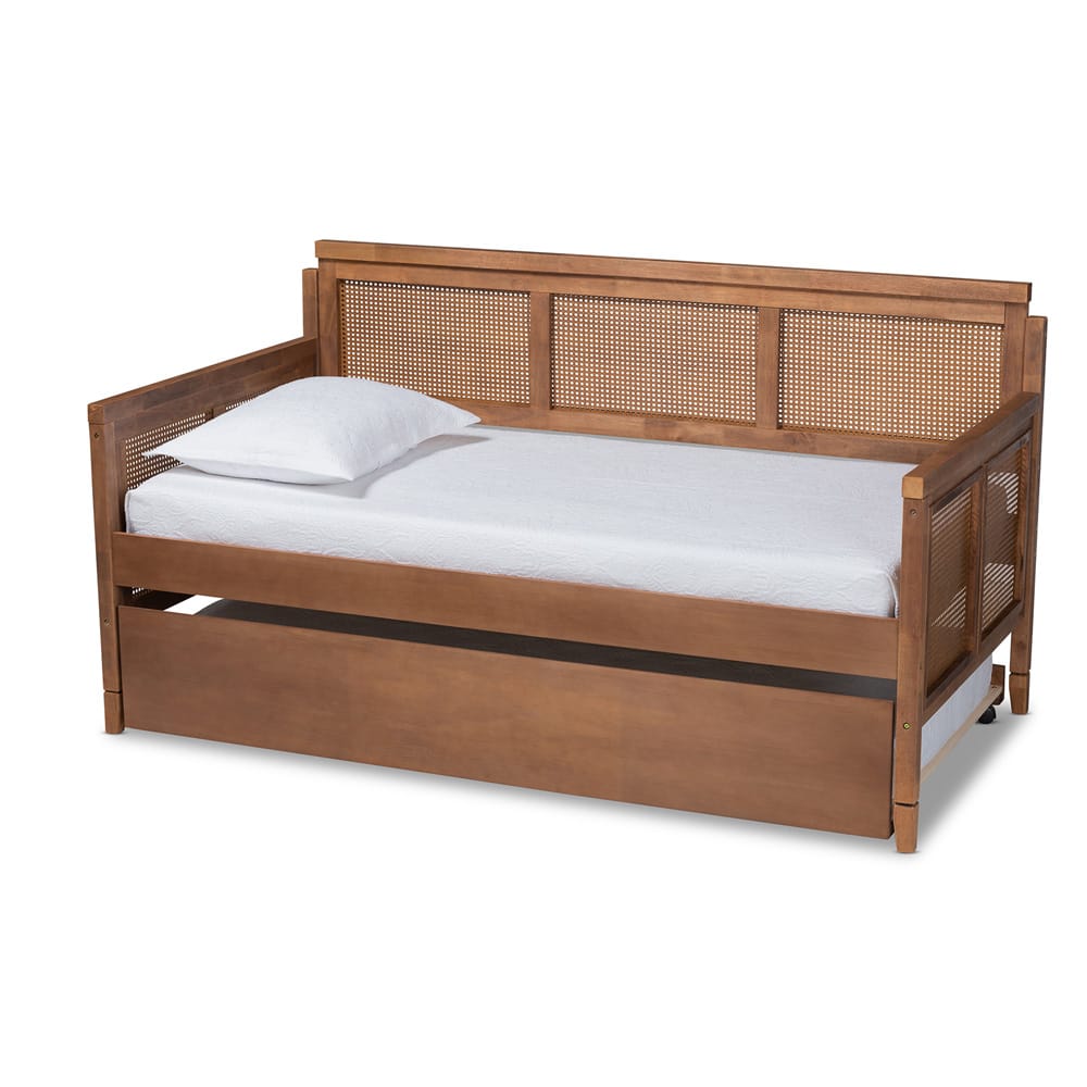 Baxton Studio - Toveli Twin Size Daybed with Trundle in Ash walnut - MG0015-Ash Walnut Rattan-Daybed-T/T view 1