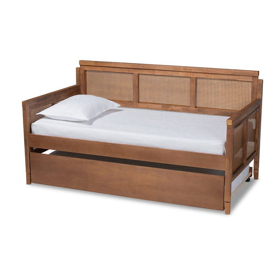 Baxton Studio - Toveli Twin Size Daybed with Trundle in Ash walnut - MG0015-Ash Walnut Rattan-Daybed-T/T view 1