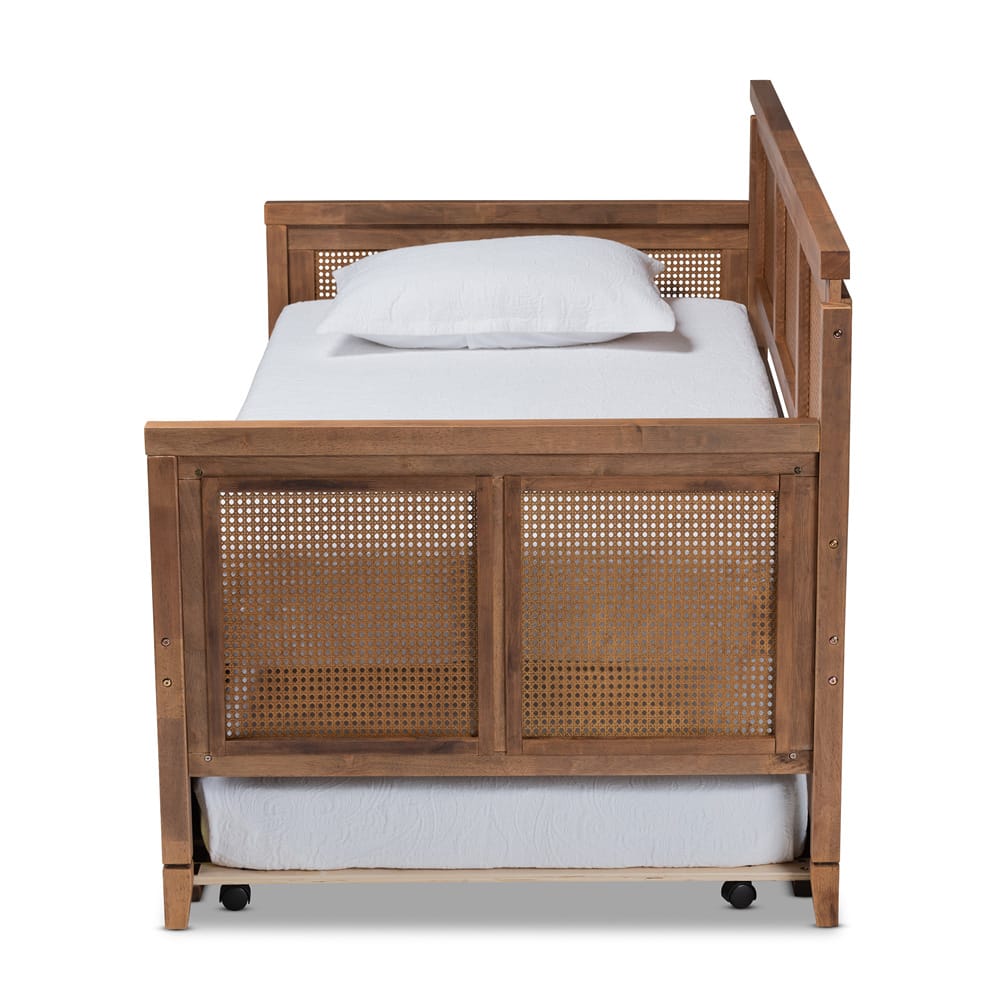 Baxton Studio - Toveli Twin Size Daybed with Trundle in Ash walnut - MG0015-Ash Walnut Rattan-Daybed-T/T view 3
