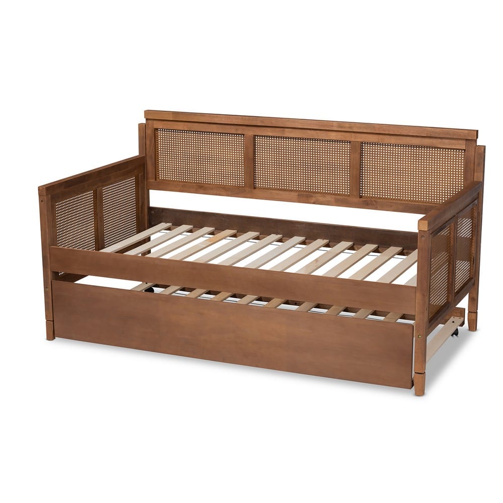 Baxton Studio - Toveli Twin Size Daybed with Trundle in Ash walnut - MG0015-Ash Walnut Rattan-Daybed-T/T view 4
