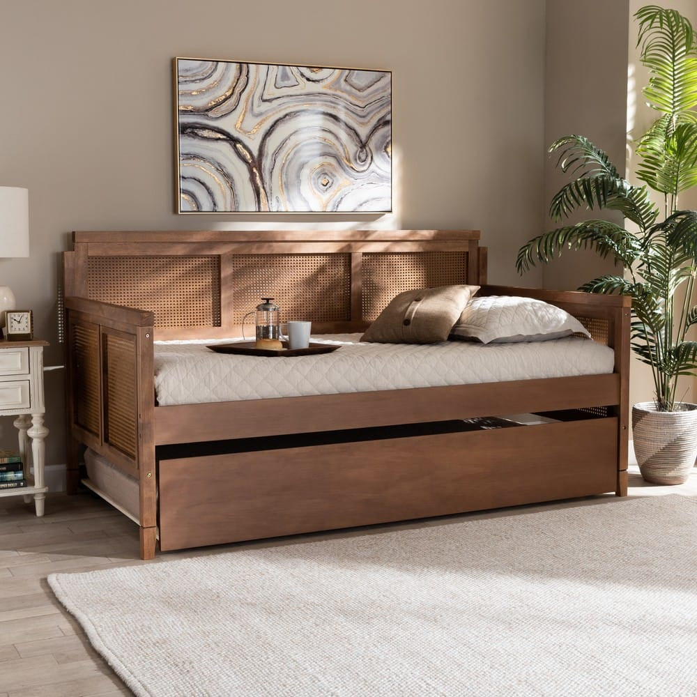 Baxton Studio - Toveli Twin Size Daybed with Trundle in Ash walnut - MG0015-Ash Walnut Rattan-Daybed-T/T view 8
