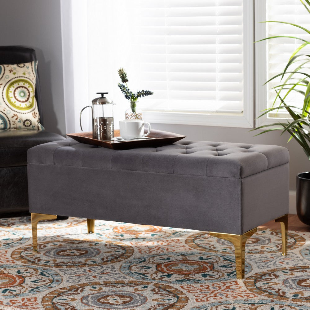 Baxton Studio - Valere Storage Ottoman in Grey/Gold - WS-H68-GD-Grey Velvet/Gold-Otto view 8