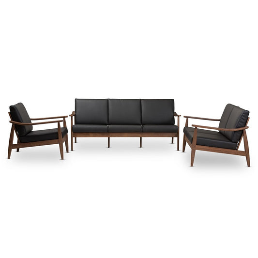 Baxton Studio - Venza Sofa Set in Black/"Walnut" Brown - Venza-Black/Walnut Brown-3PC-Set view 1