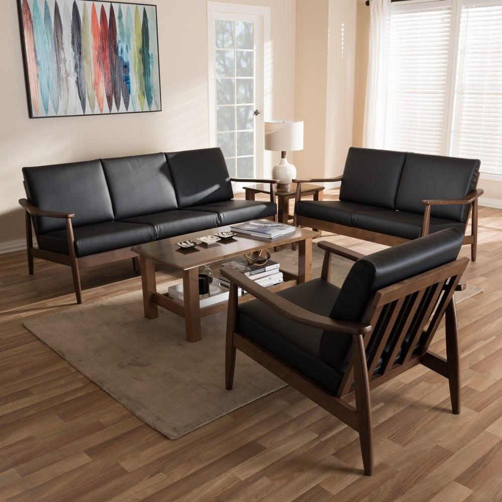 Baxton Studio - Venza Sofa Set in Black/"Walnut" Brown - Venza-Black/Walnut Brown-3PC-Set view 4