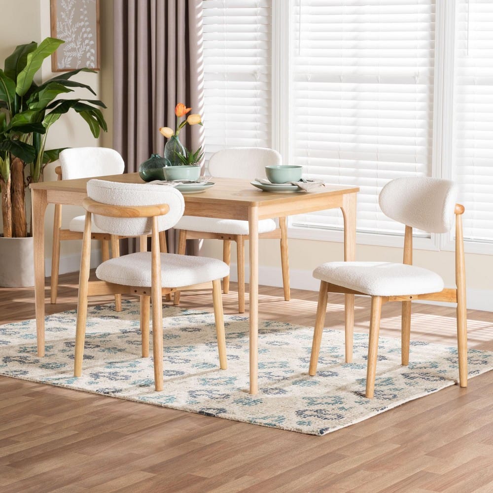 Baxton Studio - Wattsu Dining Set in White/Natural Brown - Wattsu-White Boucle/Natural-5PC Dining Set view 8