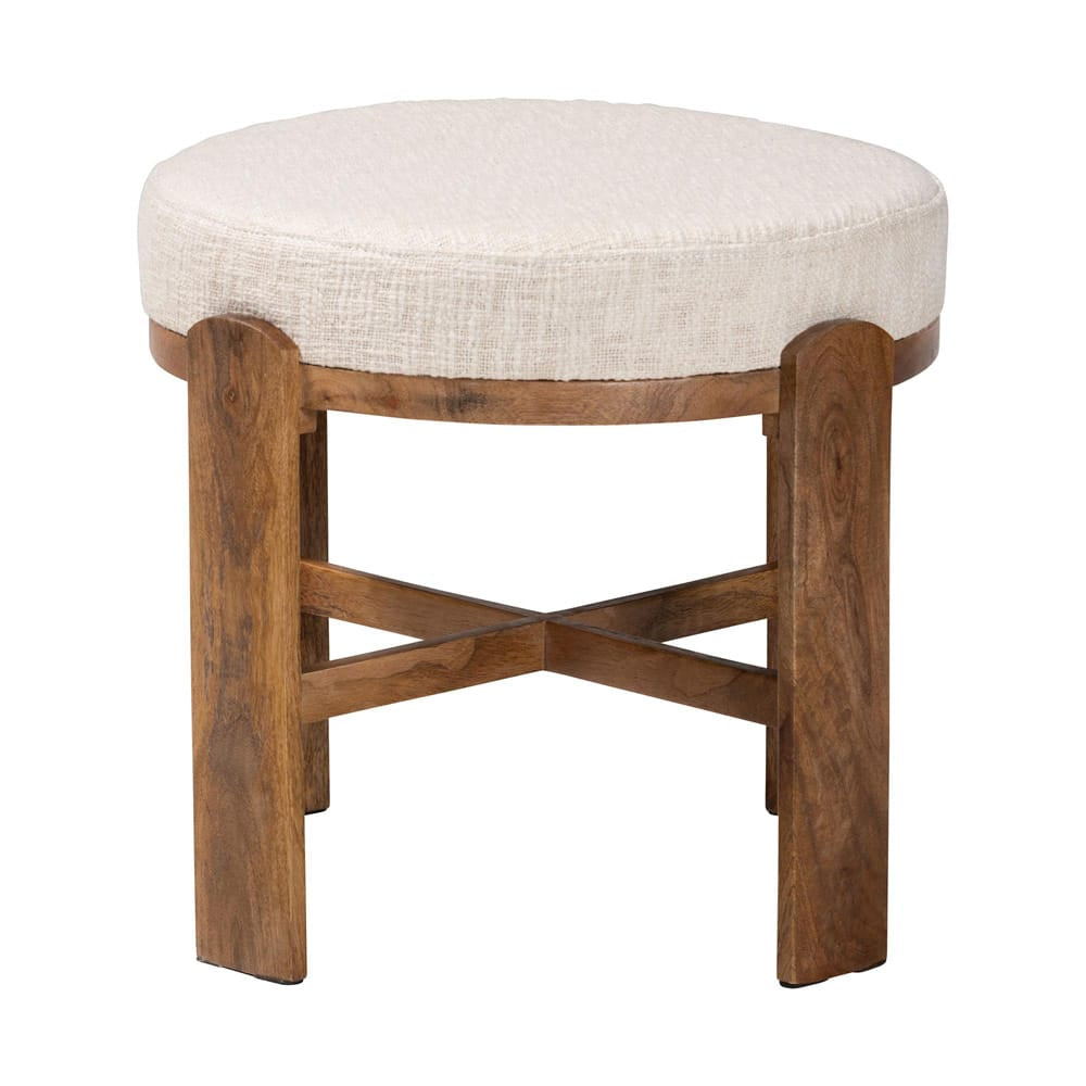Baxton Studio - Whitfield Footstool in Ivory/Walnut Brown - FUR6896-Round-Footstool view 2