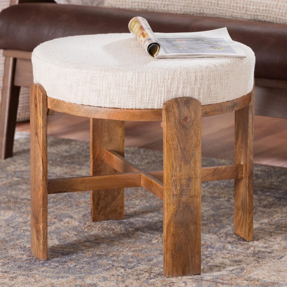 Baxton Studio - Whitfield Footstool in Ivory/Walnut Brown - FUR6896-Round-Footstool view 6