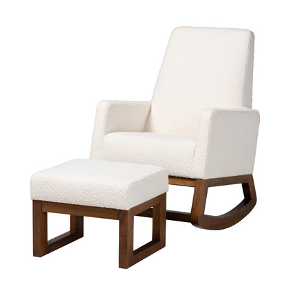 Baxton Studio - Yashiya Rocking Chair with Footstool in Off-White/Walnut Brown - BBT5199-Cream/Walnut Set view 1